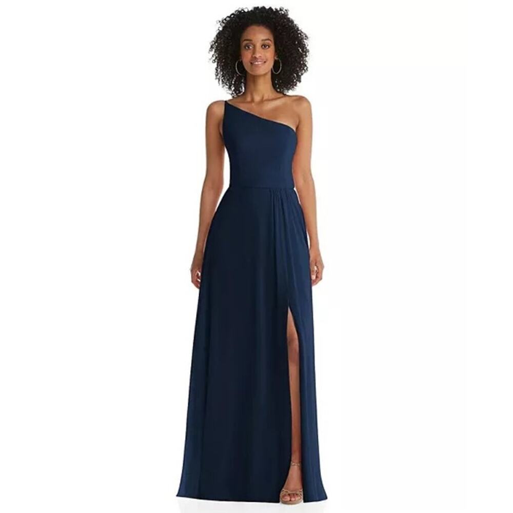After Six One-Shoulder Chiffon Maxi Dress Gown Shirred Front Slit Navy NWT 8